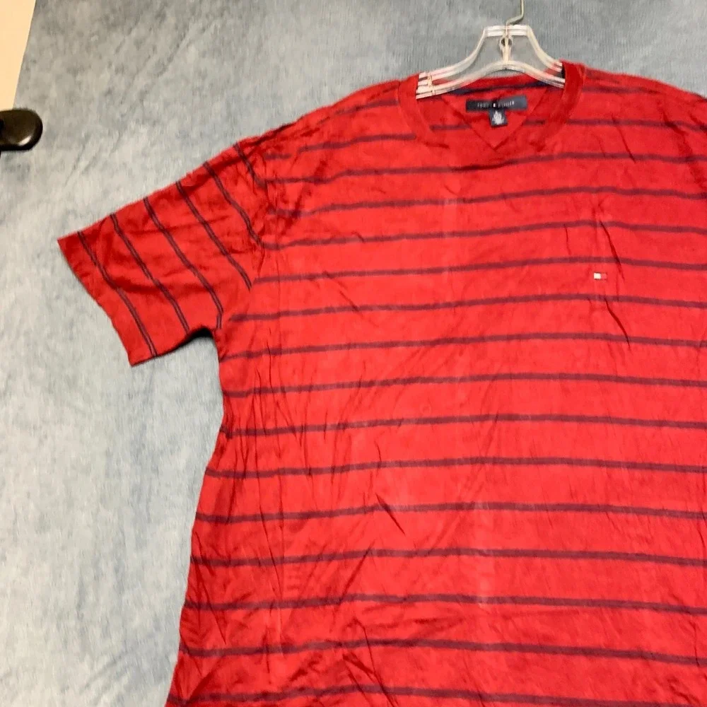 Tommy Hilfiger T Shirt Mens XL Scarlet Red Striped Crew Neck Casual Pullover